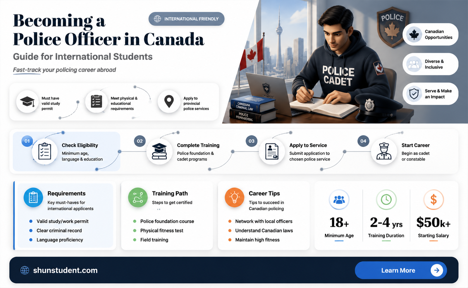can an international student become a police officer in canada