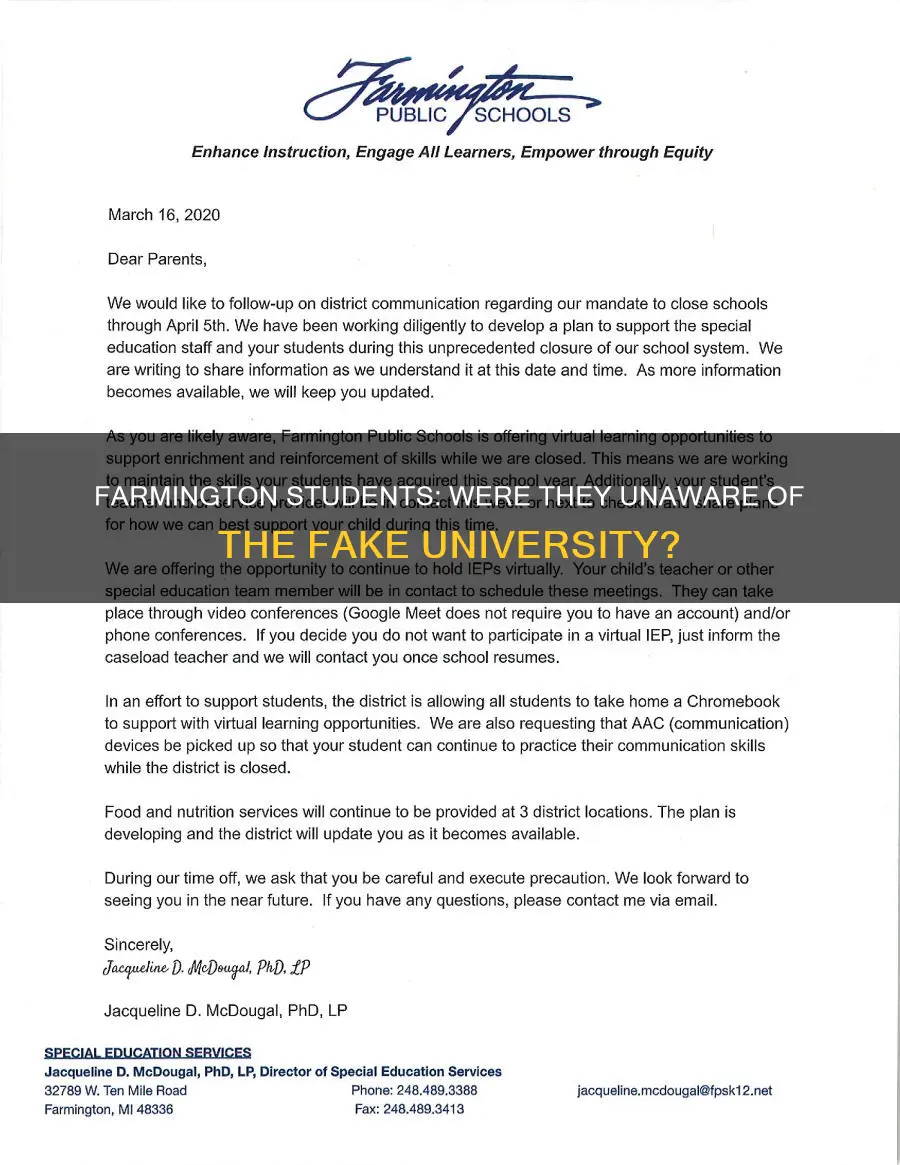 did students of university of farmington know it was fake