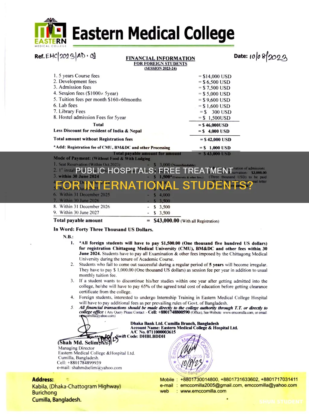 do public hospitals treat for free for international students