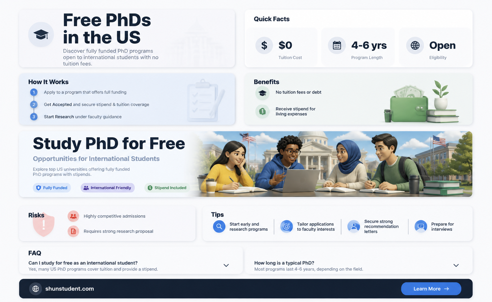 are phd programs free for international students in the us