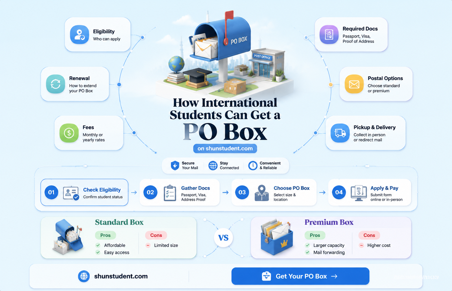can an international student get a po box