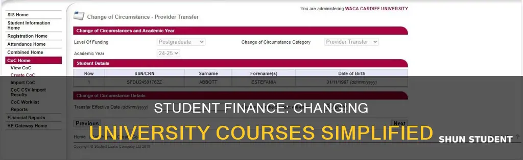 how to change university course on student finance