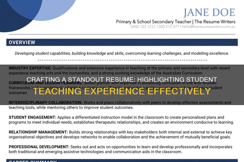 how to describe student teaching on a resume