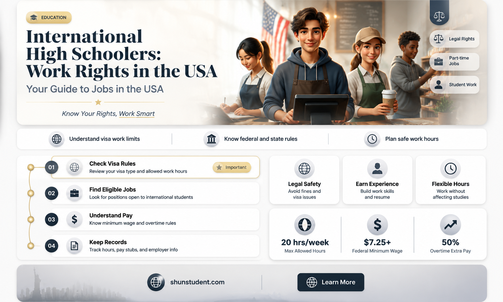 can an internation student in highschol work in usa