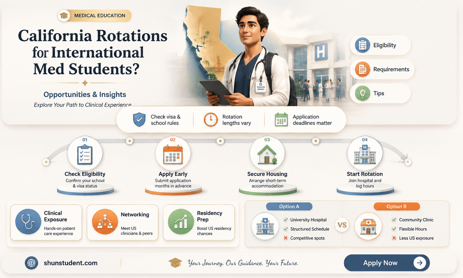 can an international medical student complete rotations in california