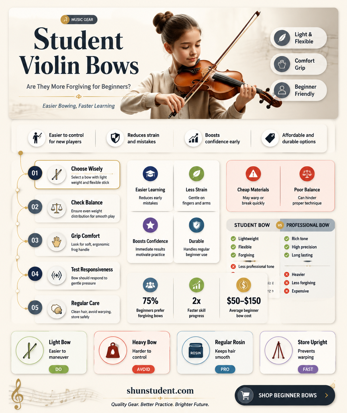 are student violin bows more forgiving
