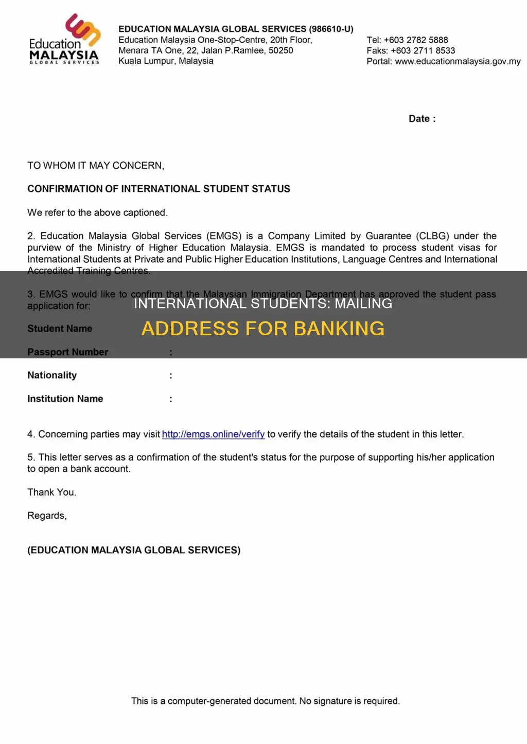 what address to use for bank for international student