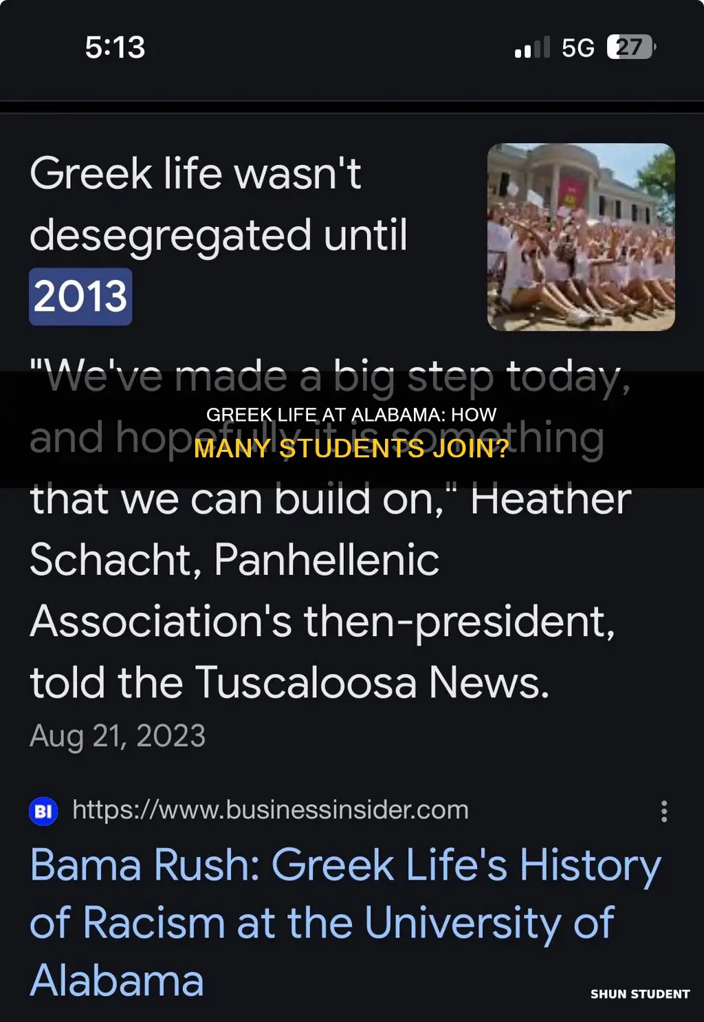 what percent of university of alabama students are greek