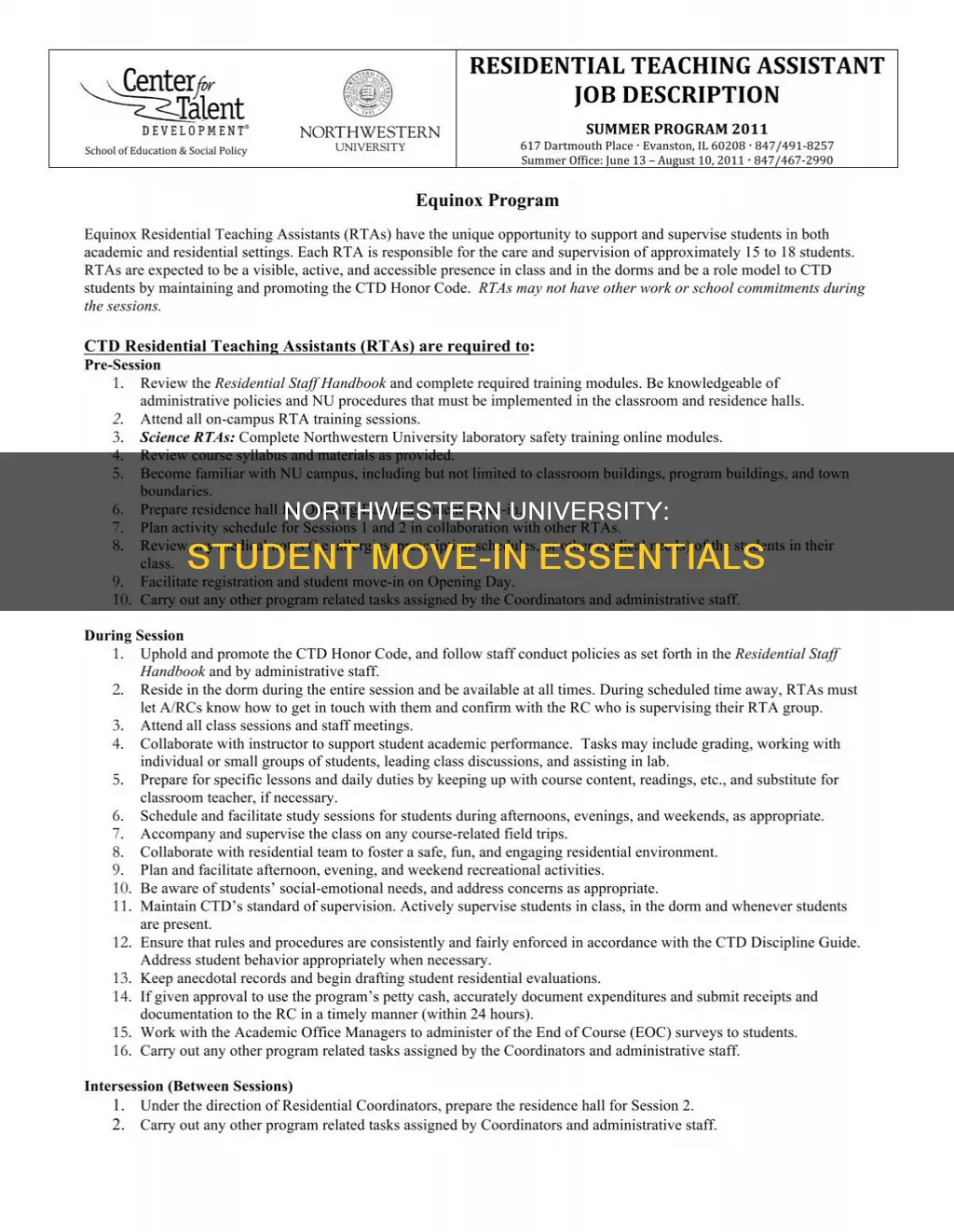 when do students move in northwestern university