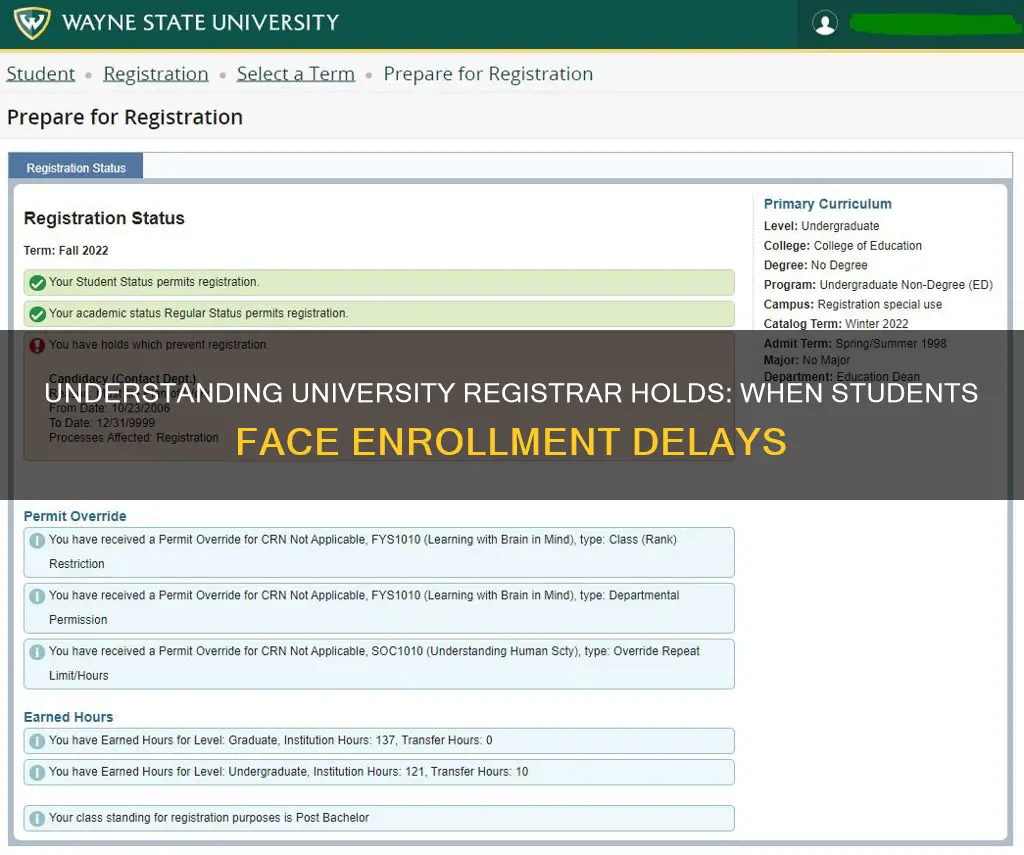 when does the university registrar hold a student from enrollment