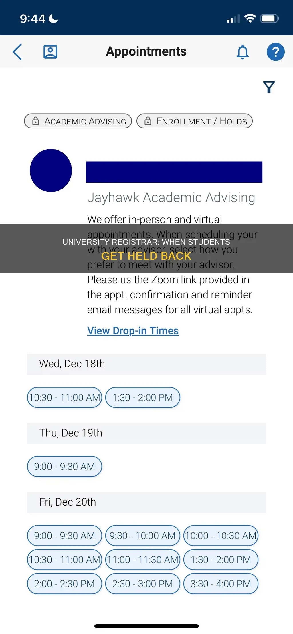 when does the university registrar hold a student from enrollment
