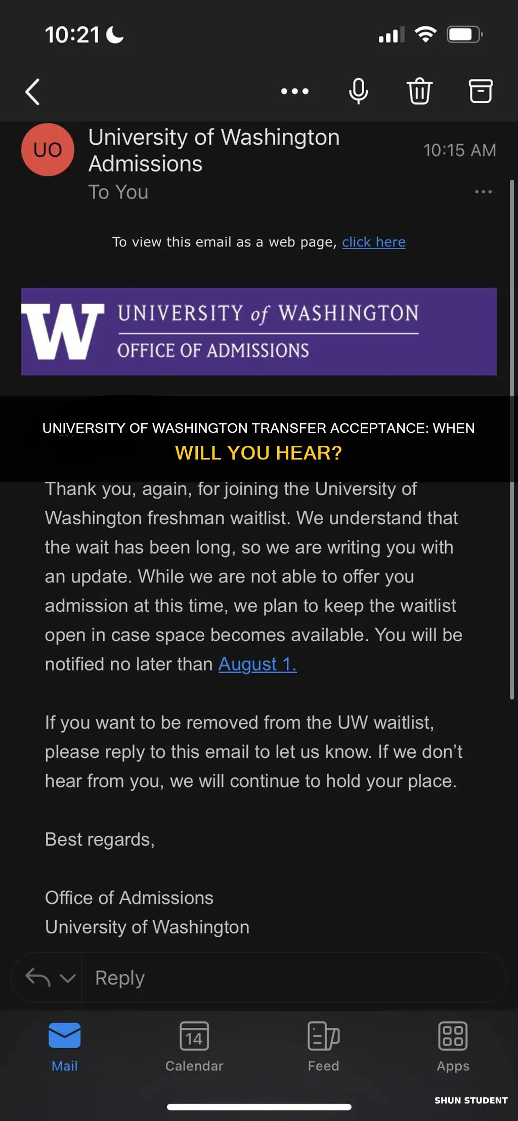 when does university of washington notify transfer students of acceptance