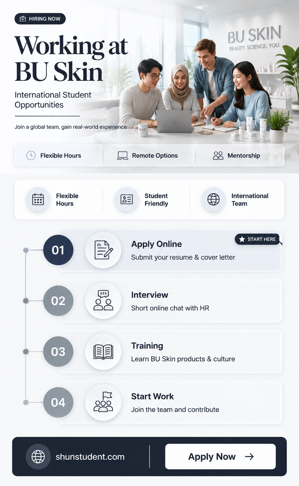 can a international student work at bu skin