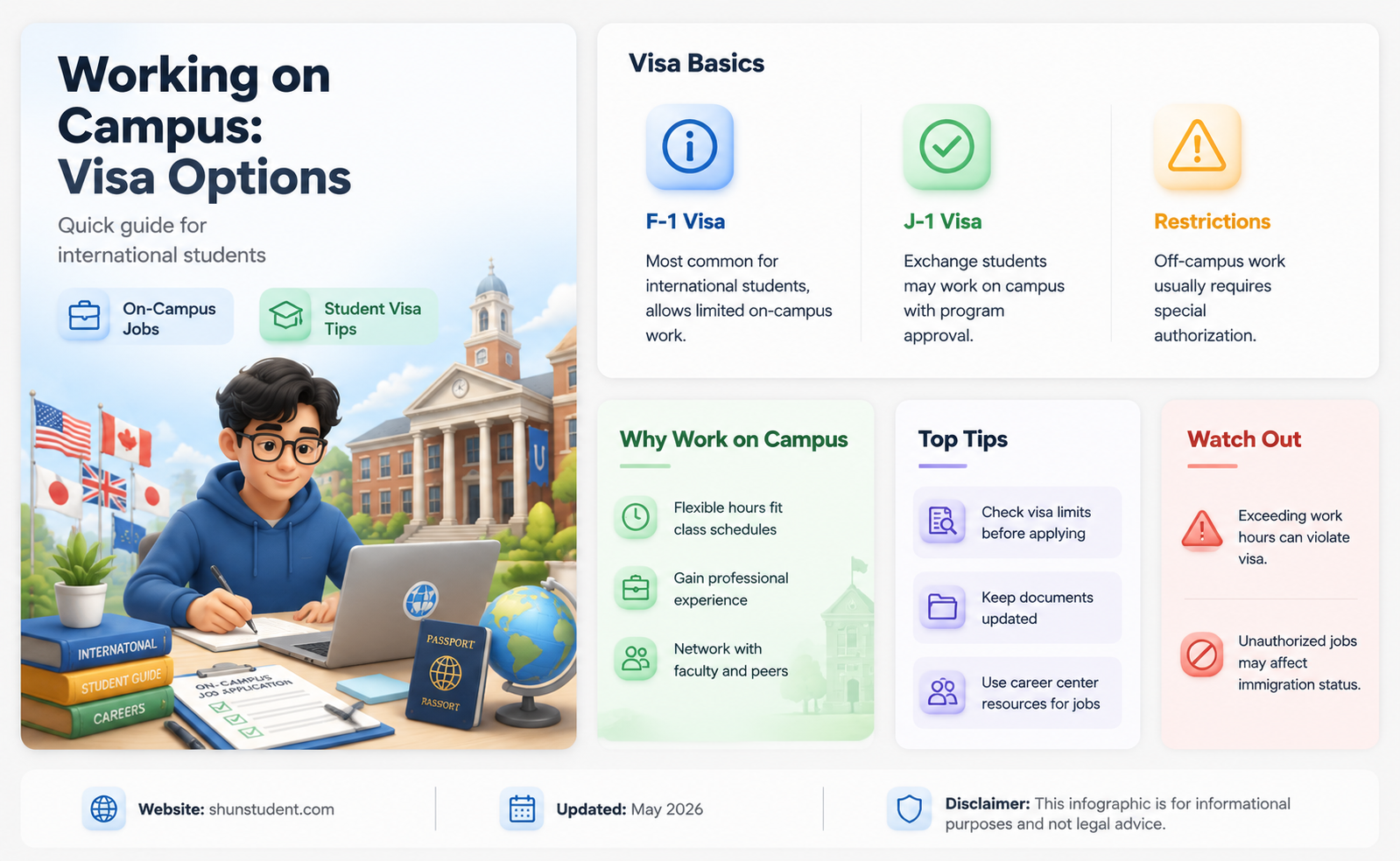 can an international student on any visa work on campus
